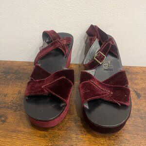 Korkease Burgundy Velvet Platform Wedge Sandals